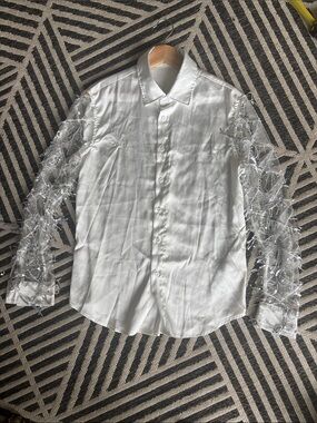 White Men's Button-Up Shirt with Decorative Sheer Sleeves
